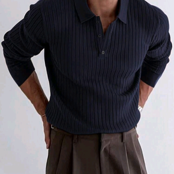 Men's Solid Ribbed Long Sleeve Polo Shirt - Picture 5 of 5